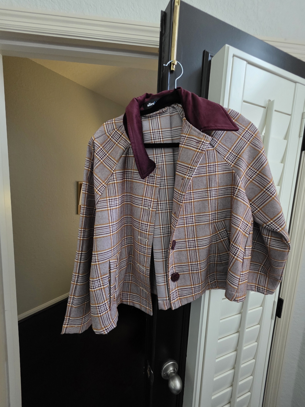 Alice Blue Plaid Cropped Jacket with Burgundy Collar